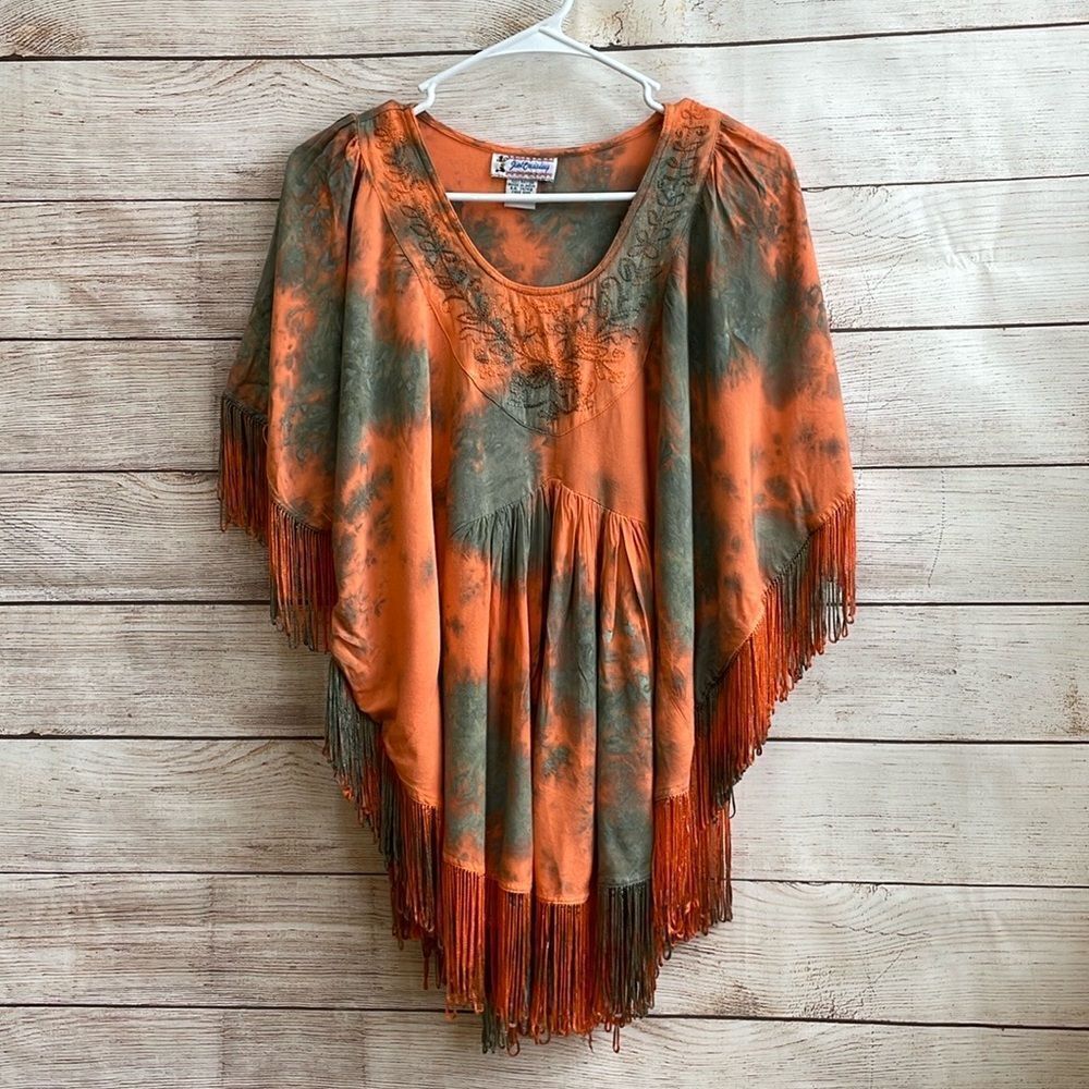 VINTAGE JUST CRUISING TIE DYE FRINGE‎ TOP IN ORANGE